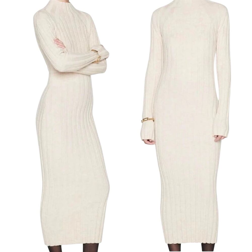 Anine Bing Shawn Ribbed Knit Midi Dress Sweater Wool Long Sleeve Oatmeal XS EUC